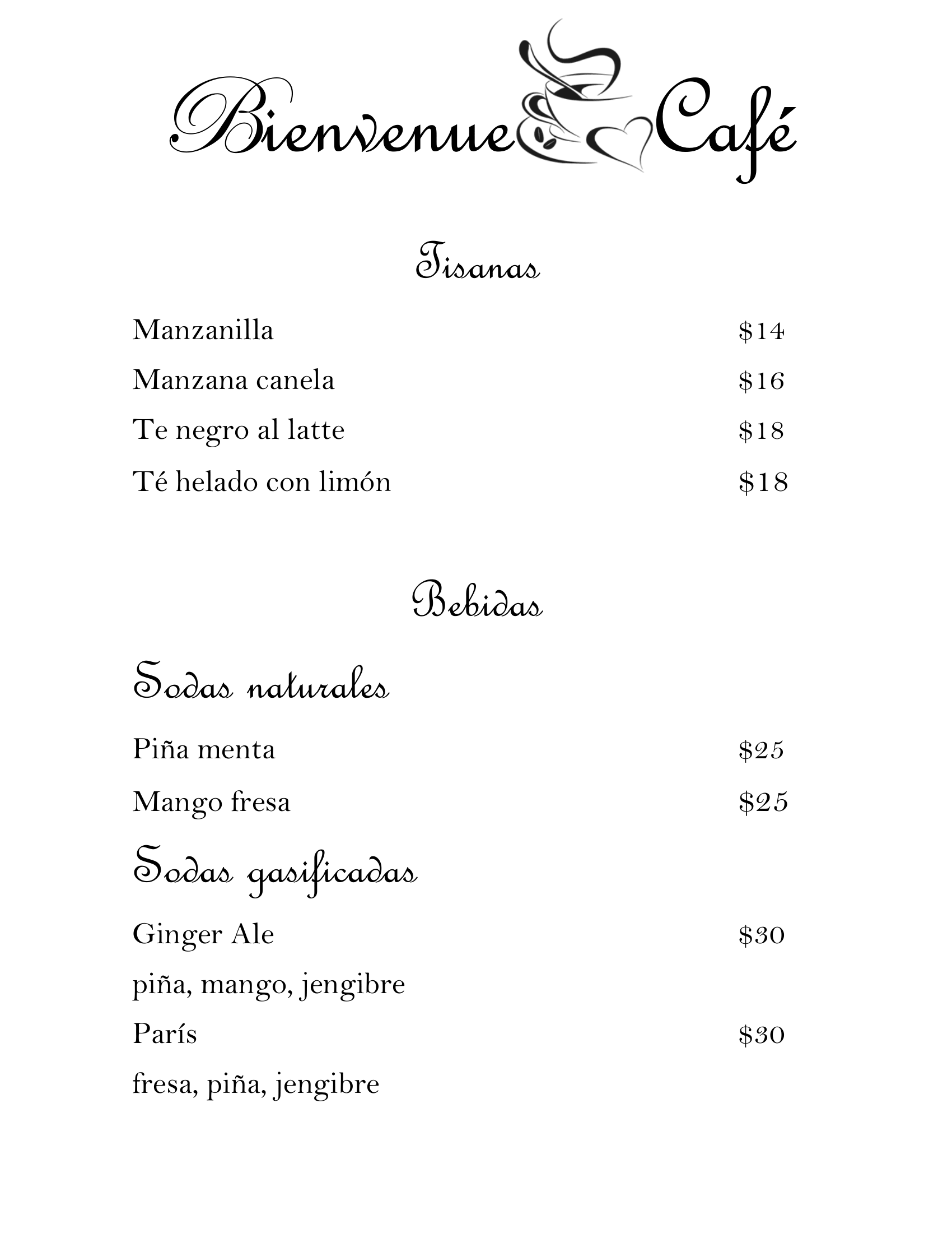Carta de Bienvenue Café — página 1